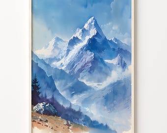 Mount Everest Watercolor Print: Himalaya Landscape Travel Poster