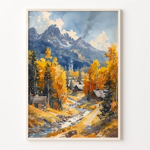 Jackson Hole Aquarell Gemälde, Ski-Resort, Wyoming Druck, Grand Teton Poster, Yellowstone Skiing Dekor, C30-686