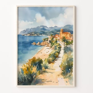 Côte d’Azur Watercolor Painting, French Riviera Wall Art, Côte d’Azur Poster, France Travel Print, Wedding Gift, C30-271