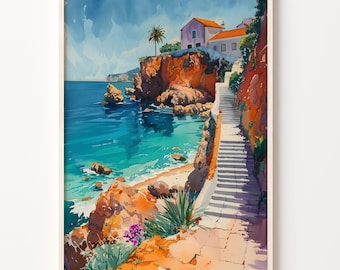 Algarve Coast Watercolor Painting: Portugal Coastal Print