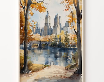 May include: A watercolor painting of a cityscape with a bridge and a lake in the foreground. The city is in the background and the trees are in the foreground. The trees are in autumn colors, with yellow, orange, and red leaves. The lake is calm and reflective, and the sky is blue.