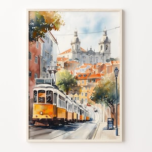 リスボンの水彩画、ポルトガル旅行ポスター、リスボンの壁アート、ポルトガルの絵画プリント、リスボンの壁装飾、C30-308
