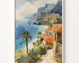Madeira Coastline Watercolor Painting: Portugal Travel Art Print