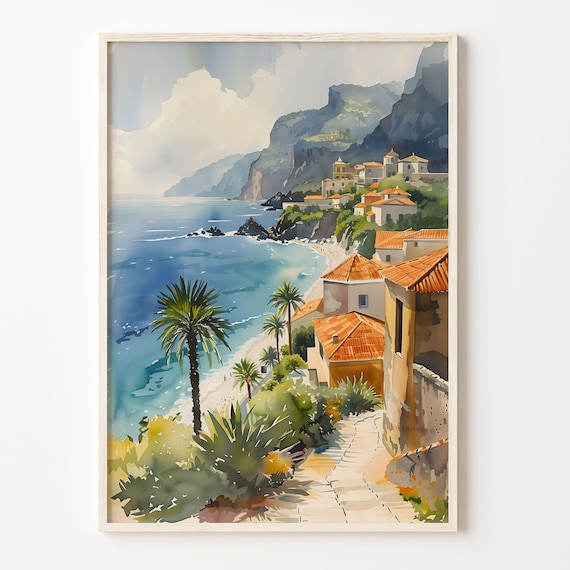 Madeira Coastline Watercolor Painting: Portugal Travel Art Print