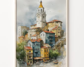 Art Deco Print of Bergen, Norway, Watercolor Architecture Wall Art