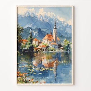 ブレッド湖の水彩画、スロベニアのポスター、ウォールアート、旅行プリント、室内装飾、額入り・額なしのギフトアイデア、C30-549