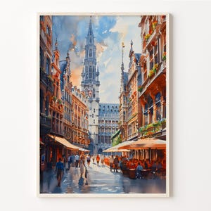 Brussels Watercolor Painting, Retro Wall Art, Belgium Travel Poster, Vintage European Cities Print, Wall Decor, C30-562
