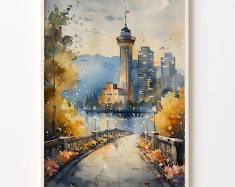Vancouver Canada Watercolor Painting, Vintage Art Print Poster, Wall Art Decor, C30-884
