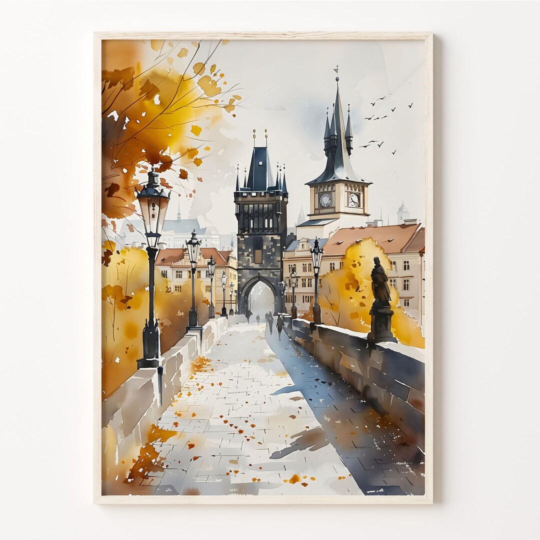 チェコの町並み 水彩画 Prague Watercolor Painting, Czech Wall Art, Prague Skyline
