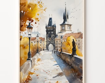 Prague Skyline Watercolor Painting: Czech Travel Art Print