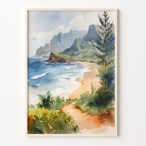 カウアイ島の水彩画、ハワイのウォールアート、カウアイ島のポスター、旅行プリント、室内装飾、アート愛好家へのギフト、ウォールアート、C30-98