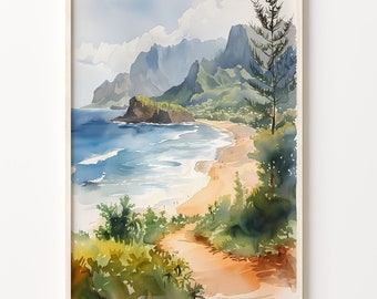 May include: Watercolour painting of a tropical beach scene with a lush green hillside and a blue ocean. The painting features a winding path leading down to the beach, with a small island in the distance.