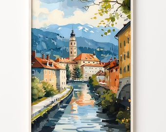 Ljubljana Slovenia Watercolor Art Print: Travel Poster