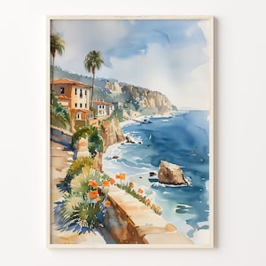 ラホヤの水彩画、カリフォルニア海岸のポスター、サンディエゴの壁アートプリント、ラホヤ海岸の壁装飾、C30-324