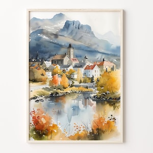 Watercolor Painting, Iceland Print, Travel Poster, Reykjavík Wall Art, Mount Kirkjufell, Iceland Home Decor, C30-373