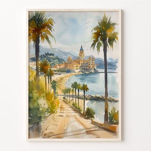 May include: A watercolor painting of a coastal town with a church in the background. Palm trees line a path leading to the beach. The painting is done in shades of blue, green, and brown.