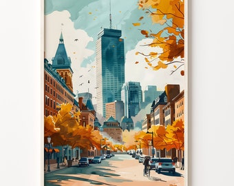 May include: A watercolor painting of a city street scene with tall buildings, fall foliage, and cars. The buildings are a mix of modern and traditional styles, and the foliage is a vibrant yellow and orange. The street is lined with trees and there are cars parked on the side of the road.