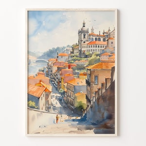 Pintura de acuarela de Oporto, arte mural de Oporto, póster de Oporto, impresión de Portugal, arte de Oporto, regalo de viaje, decoración de Oporto, C30-327