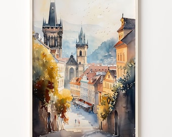 Prague Watercolor Painting: European Travel Poster
