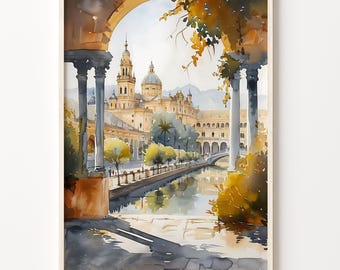 Seville Spain Watercolor Print: Plaza de España Wall Art