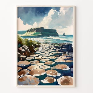 Pintura en acuarela de la Calzada del Gigante, impresión de paisaje, arte mural, póster de Irlanda del Norte, decoración del hogar, regalo para entusiastas, C30-848