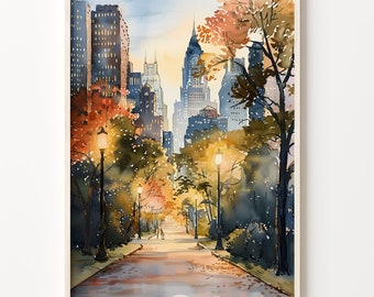 May include: A watercolor painting of a city street lined with trees in autumn. The trees have yellow and orange leaves. The street is lit by streetlights. In the background, tall buildings are visible.