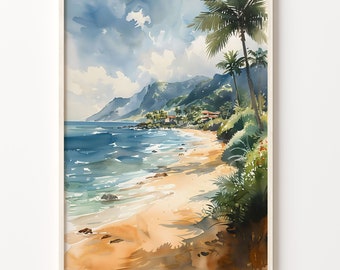 May include: Watercolor painting of a tropical beach scene with palm trees, a sandy beach, and a mountain range in the background. The water is a light blue color and the sky is a light blue with white clouds.