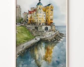 Watercolor Art Print of Scarborough, England, Art Deco Coastal Town Reflection