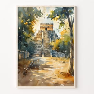 Pintura de acuarela de Chichén Itzá, impresión de viaje a Chichén Itzá, póster de arte mural, decoración del hogar, regalo para amantes del arte, C30-807
