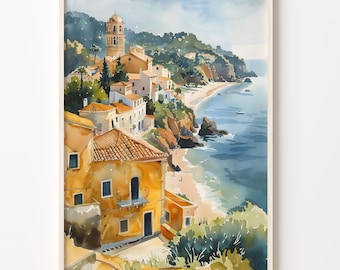 Algarve Coast Watercolor Painting: Portugal Travel Poster