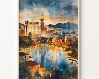 Las Vegas Watercolor Painting: Nevada Travel Poster