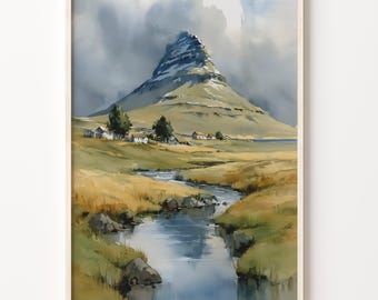 Kirkjufell Art Print, Iceland Watercolor Mountain Landscape on 200 Gsm Matte Paper
