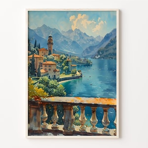 マッジョーレ湖の水彩画、イタリアの壁アート、マッジョーレ湖のポスター、旅行プリント、結婚祝い、パーソナライズされたアート、C30-752