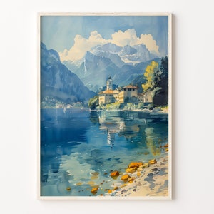 Pintura de acuarela del lago de Annecy, impresión de arte mural, póster, decoración del hogar, regalo para amantes del arte, tapiz de pared del lago de Annecy, C30-500