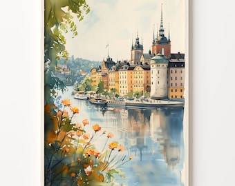 May include: Watercolor painting of a cityscape with buildings in shades of yellow, orange, and red. The buildings are reflected in the water below. There are trees and flowers in the foreground.