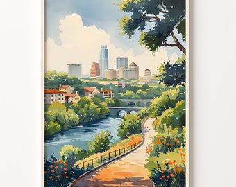 Austin Texas Skyline Watercolor Print: Travel Poster