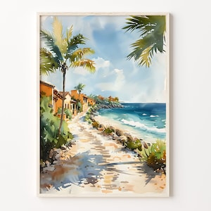 May include: A watercolor painting of a beach scene with a path leading to the ocean. The path is lined with small houses and palm trees. The water is blue and the sky is a light blue with white clouds.