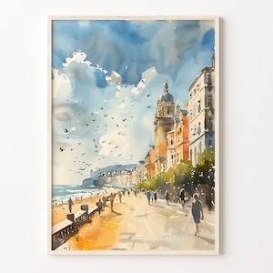 Brighton Beach Watercolor Painting: Coastal Travel Poster