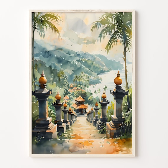 Bali Watercolor Painting: Mid-Century Modern Indonesia Travel Poster