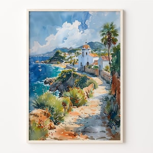 Ibiza Coastline Watercolor Painting: Vintage Travel Poster