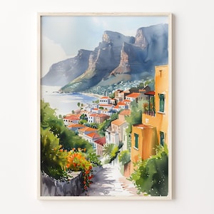 Pintura de acuarela de Ciudad del Cabo, cartel de Sudáfrica, arte de la pared de África, impresión de Table Mountain, arte costero, decoración de arte de pared, C30-104