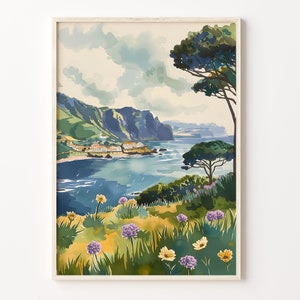 Aquarel Azoren, Portugal reisposter, Wall Art Print, Azoren landschap poster, woondecoratie, C30-401