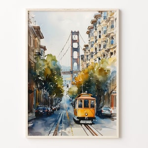 San Francisco-aquarel, Golden Gate-poster, San Francisco Wall Art, Californië woondecoratie, Art Print, C30-89