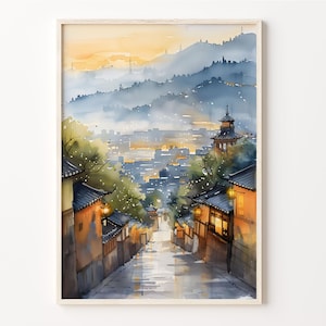 ソウル水彩画、韓国の壁アート、伝統的な旅行ポスター、カスタムテキスト、パーソナライズされたギフト、C30-820