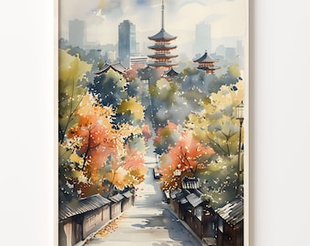 Tokyo Watercolor Painting: Japanese Pagoda Art Print
