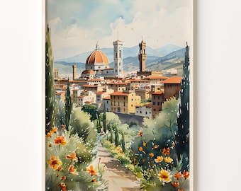 May include: A watercolor painting of the Florence skyline, featuring the Duomo, a tall tower, and other buildings. The scene is framed by lush green trees and vibrant orange flowers.