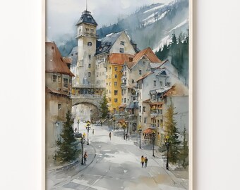 Watercolor Art Print, Schweitzer Mountain Resort Idaho Travel Poster in Art Deco Style