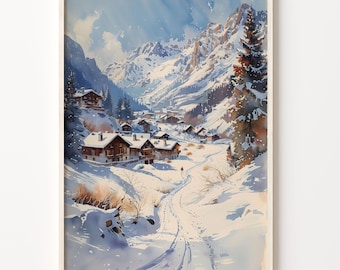 Val d'Isere Watercolor Print: French Alps Ski Resort Poster