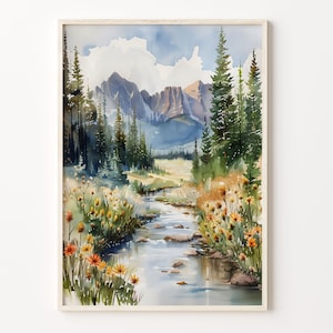 Pintura en acuarela del Parque Nacional Banff, póster de arte mural de Canadá, impresión de Banff Alberta, arte mural de viajes de Canadá, C30-274