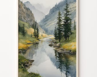 Mountain River Print, The Great Outdoors Watercolor Travel Poster on Matte Paper